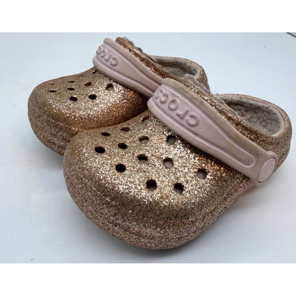 Crocs Classic Lined Clogs Gold Glitter Pink Cozy Fuzzy Toddler | Girl's Size 6 - Picture 1 of 12